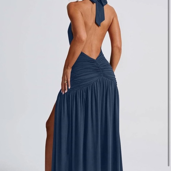 Halter Deep V Neck Backless Thigh High Split Bodycon Maxi Dress Size Small - Picture 2 of 4